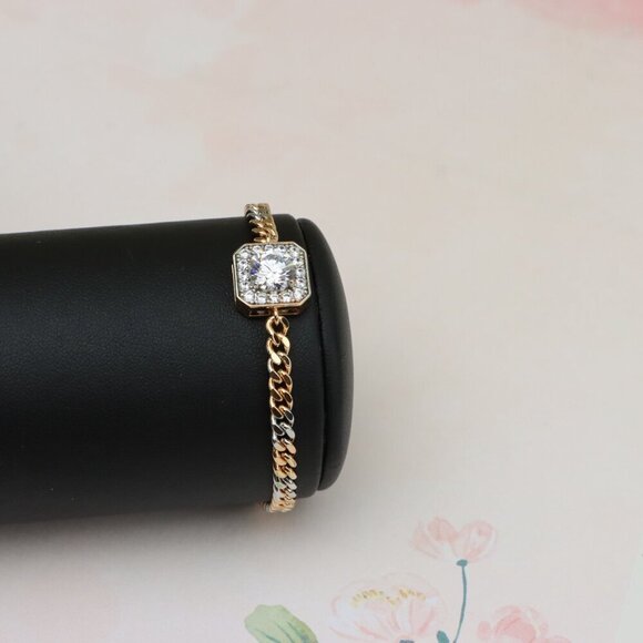 "Two-Tone Chain Bracelet with Sparkling Centerpiece, XPBL0787 - Picture 6 of 13